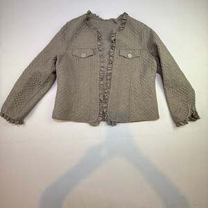 Peck & Peck Weekend SzS Taupe 100% Silk Quilted Jacket Ruffles Classic Luxury